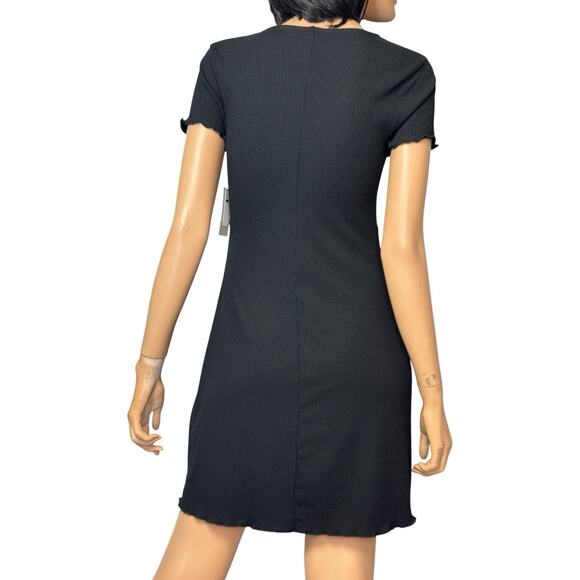 Black Mini Dress Babydoll Rib Knit Lettuce Edge Tie Front BP S Whimsigoth Retro - Picture 7 of 15